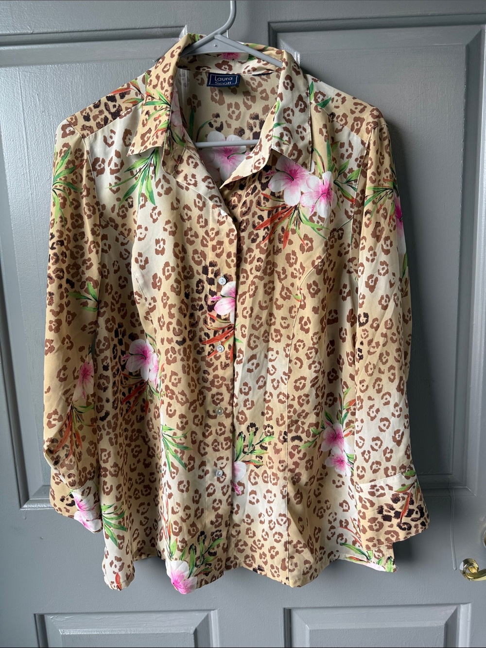 Laurie Felt Beige Leopard Print Button-Up with Pink Floral Accents